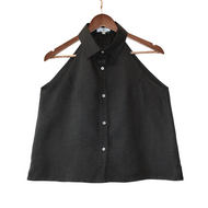 Black Linen - Crop Top w/Collar