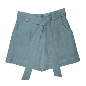 Linen - Pleated Shorts With Fabric Belt