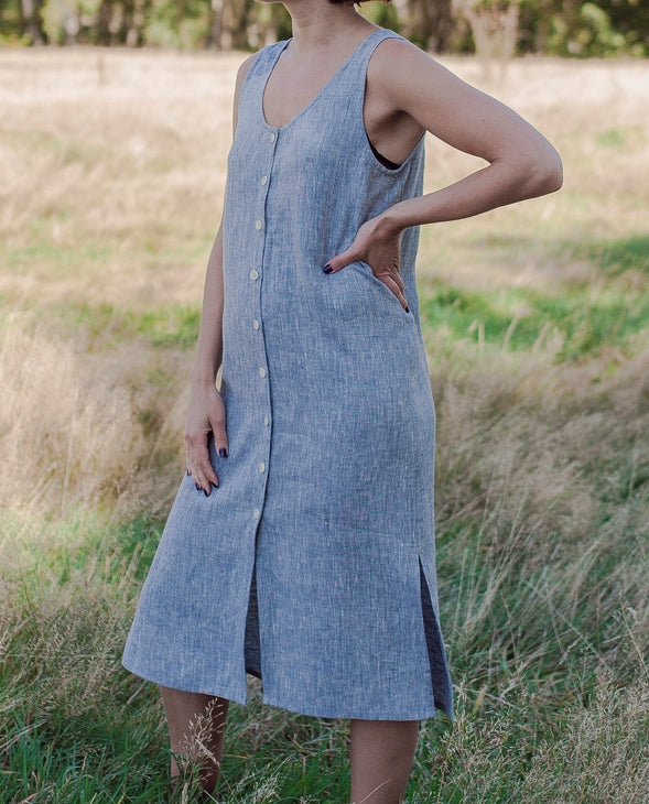 Linen - Long Dress w/buttons - Reversible